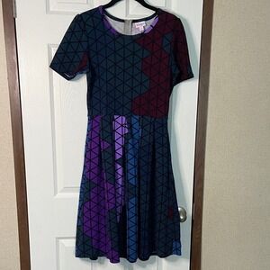 LuLaRoe Amelia Dress Small Geometric Triangle Print Purple Blue Pockets Zipper